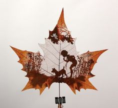 three pictures of a leaf that has been cut into four different shapes and is hanging from the ceiling