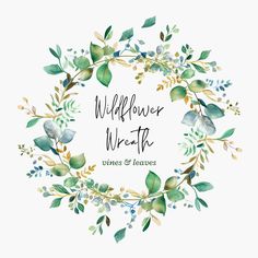 the words, wildflower wreath written in watercolor on a white background with green leaves