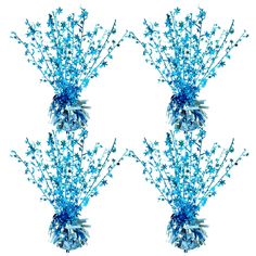 two vases with blue flowers in them on a white background