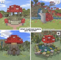 four different views of a mushroom house in minecraft