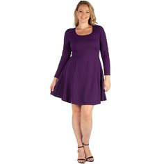 This fit and flare plus size dress has it all, a lovely scoop neckline paired with fitted long sleeves alongside a figure flattering design. The fitted top portion and classic colors draw the eye while the knee length skater skirt creates a polished yet fun look! Plus Size Skater Dress, Purple Fits, Black Skater Dress, Fitted Top, Purple Fashion, Trending Dresses, Plus Size Dress, Purple Dress, Knee Length Dress