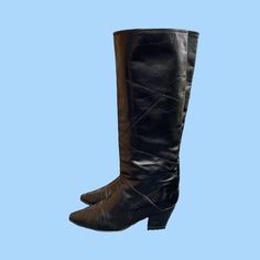 "80s Vintage boots- Tall women boots-Size 9 boots- Black patent leather- Gifts for Christmas- Women vintage boots- Italian made riding boots. Size 9 Vintage tall black genuine patent leather women pull on riding boots. These beautiful boots were made in the 1980s in Italy. Unable to find brand name. They are 100% leather, upper, soles and lining.  Size 9N height: 18\" length: 10.75\" insole: 9.5\" width: 3\" calf: 14\" heel: 2\" Material: Patent leather  Color: Black Condition: Good Vintage" Retro Knee-high Heeled Boots For Winter, Vintage Wide Calf Mid-calf Boots For Winter, Retro Wide Calf Knee-high Boots, Wide Calf Vintage Mid-calf Boots, Vintage Formal Boots For Winter, Vintage Knee-high Heeled Boots, Vintage Knee-high Heeled Boots For Winter, Vintage Pointed Toe Heeled Boots For Winter, Vintage Knee-high Boots