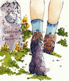 a watercolor painting of a person's legs and shoes next to a headstone