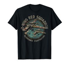 a black t - shirt with an airplane flying red squadron on it