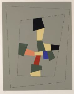 an abstract painting with multiple colors and shapes in grey, blue, red, green, yellow