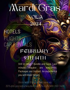 a poster for mardi gras with a mask on it's face and feathers