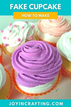 colorful cupcakes with white frosting and pink icing on top are featured in this post