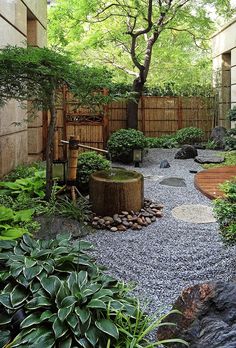 a garden with rocks and trees in it