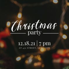 a christmas party poster with lights and presents