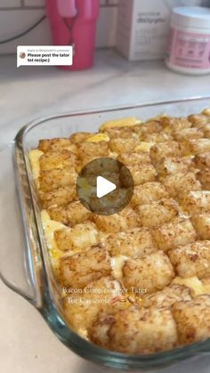 a glass baking dish filled with baked goods