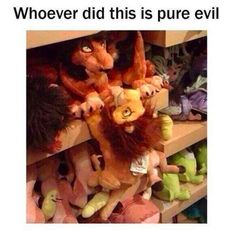 an image of stuffed animals on shelves with caption that reads, bruh who did this?