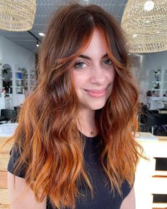 Low Maintenance Copper Balayage, Copper Balayage Straight Hair, Copper Hair Brown Roots, Brown Hair Copper Balayage, Brown To Copper Balayage, Warm Copper Balayage, Copper Balayage Hair, Short Copper Hair, Party Tips And Tricks