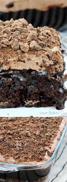 two different layers of chocolate cake sitting on top of each other in glass pans