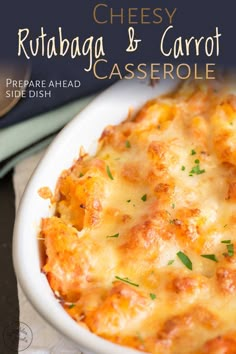 cheesy rutabaga and carrot casserole in a white dish