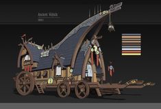 an animated image of a wooden cart with many things on it's sides and wheels