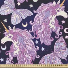 a purple and white unicorn with butterflies on it