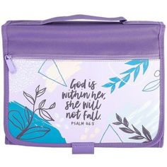 a purple and blue bible bag with the words god is within her she will not fall