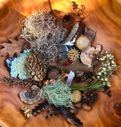 a wooden bowl filled with lots of different types of plants and leaves on top of it