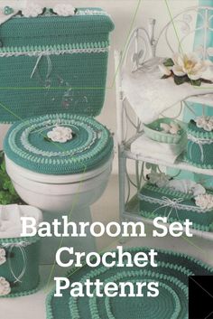 the bathroom set crochet patterns are all in green and white, with flowers on it