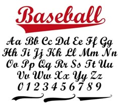 the font and numbers for baseball are handwritten in red ink on white paper with black lettering