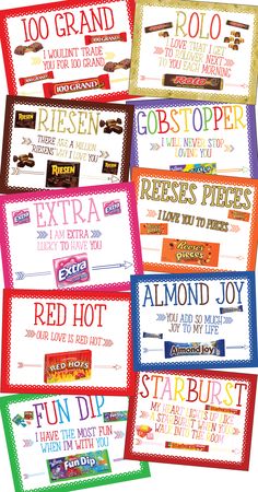 colorful candy bar wrappers with words on them