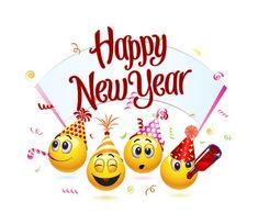 happy new year greeting card with three emoticive smiley faces and confetti