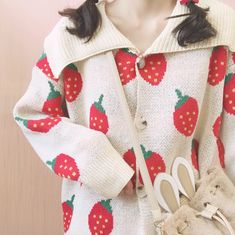 Free Shipping~|| Sweet Strawberry Knit Cardigan, Sweater Coat. Stawberry Vest, Blanket Hoodie Strawberry, Knitted Sweaters Strawberry, Cheap Strawberry Print Tops For Spring, Cute Strawberry Sweaters, Sweet Pink Cardigan For Fall, Sweet Long Sleeve Cardigan For Spring, Sweet Long Sleeve Spring Cardigan, Cute Beige Sweater For Spring