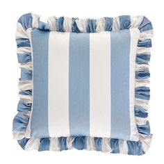 a blue and white striped pillow with ruffled edges