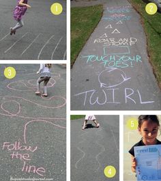 a series of photos showing how to draw chalk on the sidewalk