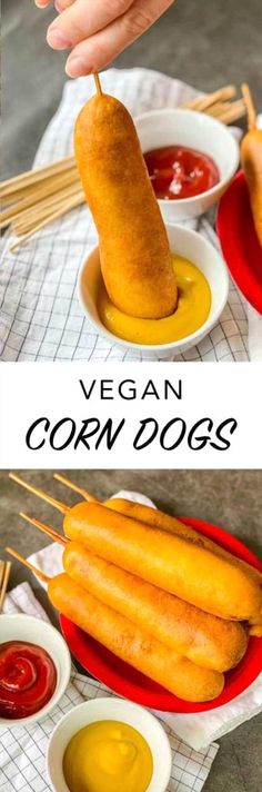 two pictures showing how to make vegan corn dogs