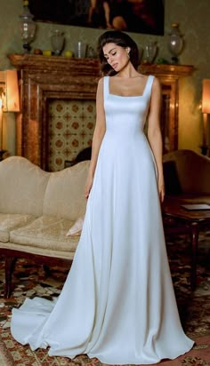 French Satin Wedding Dress, Simple Traditional Wedding Dress, Aline Satin Dress, Simple Petite Wedding Dress, Satin Wedding Dress Classic, Crisp Wedding Dress, Simple Old Money Wedding Dress, Square Neck Simple Wedding Dress, Lilly Collins Wedding Dress