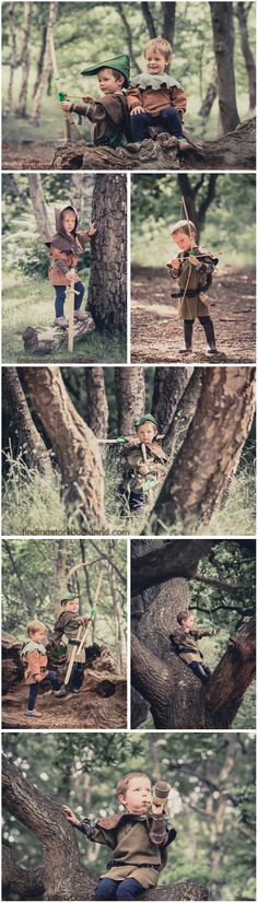 several pictures of people in the woods playing with each other and swinging on a tree