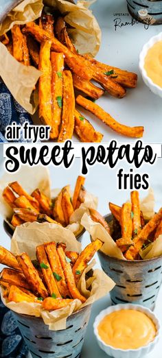 air fryer sweet potato fries in small baskets with dipping sauces on the side