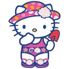 a hello kitty holding a red object in her hand and wearing a pink hat with shells on it