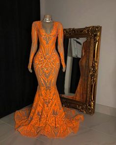 Long Sleeve Mermaid Prom Dress, Orange Prom Dresses, Long Sleeve Evening Gowns, Sleeves Women, Mermaid Evening Gown, Senior Prom Dresses, Long Sleeve Evening Dresses, 3d Rose