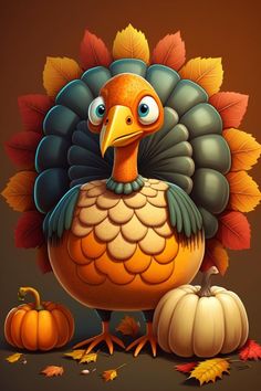 a cartoon turkey standing next to some pumpkins