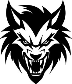 an angry wolf's head with sharp teeth and large fangs on the front of its face