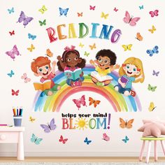 children's wall decals with the words reading before your mind, bloom and butterflies