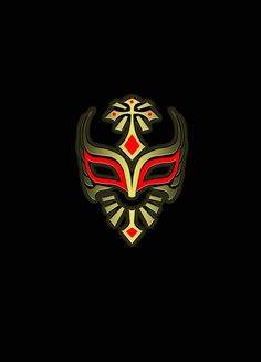 an image of a red and yellow mask with horns on it's face, against a black background