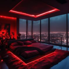 a bedroom with red lights on the ceiling and a large bed in front of a window