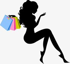 a silhouette of a woman with shopping bags on her back, holding a purse in one hand