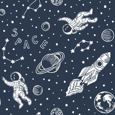 an astronaut and other space related items on a dark blue background with white outlines