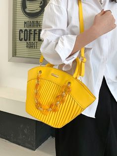 Bag For Love - Chain Decor Pleated Tote Bag - Women Tote Bags Product Description Style Fashionable Color Yellow Quantity 1 piece Strap Type Top Handle Pattern Type Plain Bag Size Large Type Top Handle Bag Material PU Leather Coating 100% Polyurethane Composition 100% Polyurethane Size Chart INCH CM Size Bag Width Bag Height Bag Length Strap Length one-size 5.1 8.7 15 47.2 Size Bag Width Bag Height Bag Length Strap Length one-size 13 22 38 120 Similar Products h2 { text-align: center; } .red-box Trendy Plastic Satchel Bag, Plastic Satchel Shoulder Bag, Plastic Shoulder Bag, Yellow Bag With Chain Strap For Everyday Use, Yellow Bags With Chain Strap For Everyday Use, Trendy Yellow Bags With Chain Strap, Yellow Satchel Bags, Trendy Yellow Bucket Satchel, Chain Decor