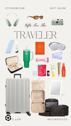 an image of travel items with the words gift for the traveler on it's side