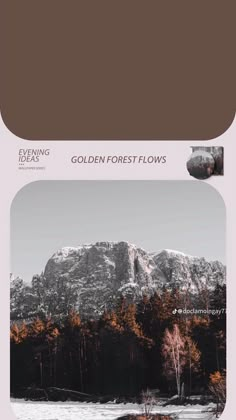 an image of a mountain with trees in the foreground and text that reads golden forest flows