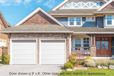 a large house with two garages in front of it and the words door shown is 8