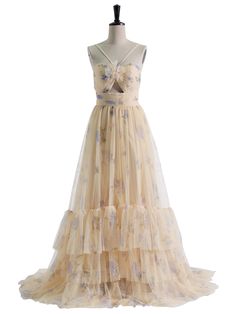 Printed Tulle A-Line Tiered Party Dress Yellow Spring Prom Gown, Prom Dress Evening, Dress Photo, Lace Material, Embroidery Lace, Dress Evening, Long Prom Dress, Evening Dresses Prom, Maternity Dresses