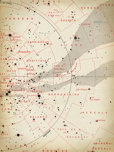 an old map shows the location of stars in the night sky, with red and black dots on them