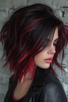 Hair Hilights For Black Hair, Dipped Ends Hair Color, Emo Haircuts For Women, Foxy Hair Color, Short Red And Black Hair, Short Hair Peekaboo Color, Emo Hair Color Ideas, Dark Hair With Red Highlights, Red Violet Balayage