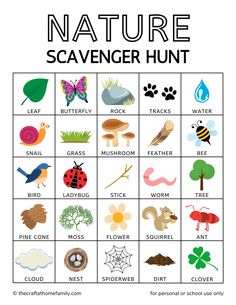 Printable nature scavenger hunt with pictures Picture Scavenger Hunts, Backyard Activities